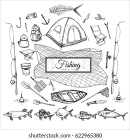 hand drawn fishing isolated attribute set with contours of tent, fishes, boat, paddles, rod, hooks etc