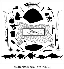 hand drawn fishing isolated attribute set with silhouettes of tent, fishes, boat, paddles, rod, hooks etc