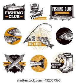 Hand drawn fishing logo emblems set with fishes equipments like fishing rod and advertising isolated vector illustration