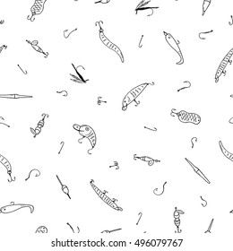 Hand drawn fishing lures in doodle style.Seamless pattern.