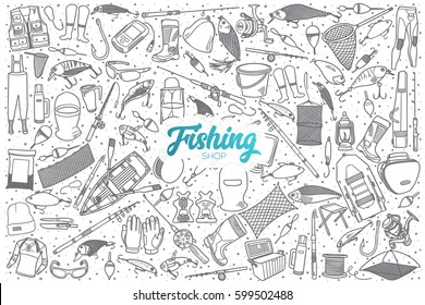 Hand drawn fishing shop doodle set background with blue lettering in vector