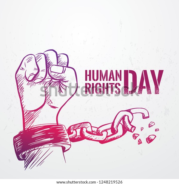 Hand drawn fist raise up\
breaking chain, Human Rights Day poster grunge texture, vector\
Illustration