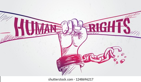 Hand drawn fist raise up holding ribbon,breaking chain,International  Human Rights Day poster grunge texture, vector Illustration