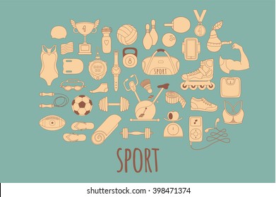 Hand drawn fitness doodle icons set. Colorful hand drawn doodle style sport and fitness design elements.
