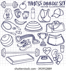 Hand drawn fitness doodle set on squared notepad page, vector illustration. Hand drawn doodle style  drawing of sport clothes, dumbbell, fitball, gloves, scales, step, cup, bosu