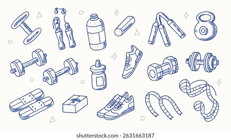 Handgezeichnete Fitness-Elemente Symbole Grafiken und Illustrationen für Gesundheits- und Wellness-Apps