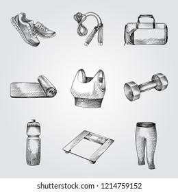 Hand Drawn Fitness and GYM equipment Sketches Set. Collection Of shoes, Jump rope, Dumbbell, water bottle, top, Yoga Mat, Scales, Sports bag sketches on white background.