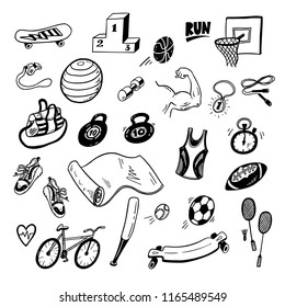 Hand drawn fitness lifestyle, sport doodle icons set.