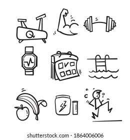 hand drawn Fitness and sport icons set. Healthy lifestyle symbols illustration isolated background doodle