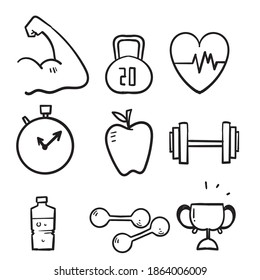 hand drawn Fitness and sport icons set. Healthy lifestyle symbols illustration isolated background doodle