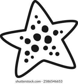 Hand drawn five pointed starfish with a black outline and spots, isolated on white, perfect for children s books and educational projects featuring marine life