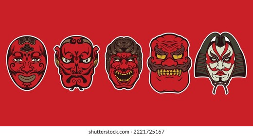 Hand drawn five reds japanese traditional mask on red background.