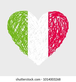 Hand drawn flag of Italy. Three colors: green, white, red. Vector flag of the shape of heart. Striped heart. Italian flag.