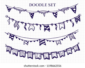 Hand drawn flags garlands doodle vector set for birthday celebration, sketchy border bunting for festival illustration