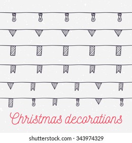 Hand drawn flags seamless border. Contour drawing. party decoration for your design. Vector illustration