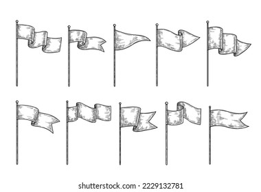 Banderas dibujadas a mano. Esbozar tela ondulada en el asta, diferentes formas de grabado de bandera con ondas, conjunto de vectores aislado vacío. Flagpolos con varios significantes, pines para el puntero de mapa o destino