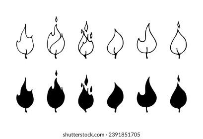 Hand drawn flames doodle. Collection sketches of fire twinkles isolated. Illustration of nature phenomenon. Set outline and black silhouette icon