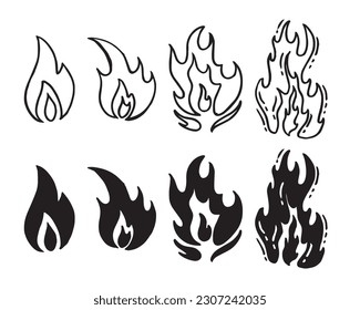 Hand drawn flames doodle set. Collection of pen ink pencil drawing sketches of fire twinkles isolated on transparent background. Illustration of nature phenomenon.