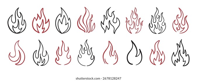 Hand drawn flames doodle set simple line art fire design. Vector illustration