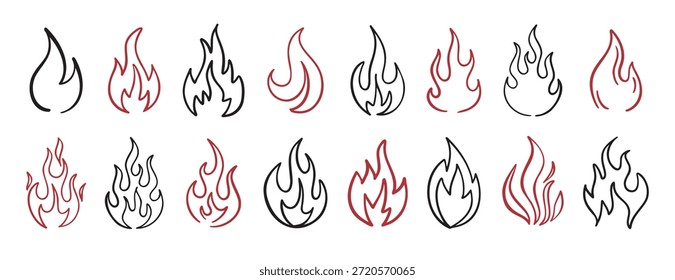 Handgezeichnete Flammen doodle Set einfache Linie Kunst Feuer Design. Vektorgrafik