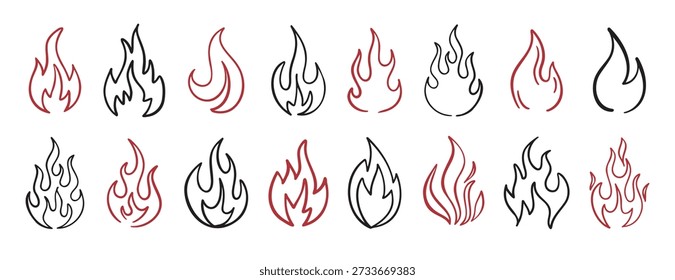 Hand drawn flames doodle set simple line art fire design. Vector illustration