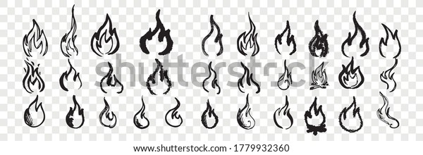 Hand drawn flames\
doodle set. Collection of pen ink pencil drawing sketches of fire\
twinkles isolated on transparent background. Illustration of nature\
phenomenon.