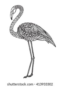 Hand drawn flamingo bird in ornate fancy doodle style. Black and white Vector illustration for print, coloring book.