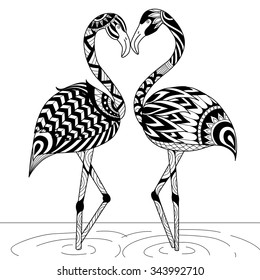 Hand drawn flamingo couple zentangle style for coloring book,invitation card,logo,shirt design