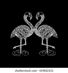 Hand drawn flamingo couple zentangle style