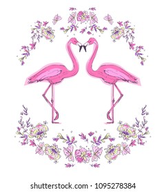 Hand Drawn Flamingo and Flowers
