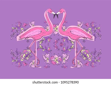 Hand Drawn Flamingo and Flowers