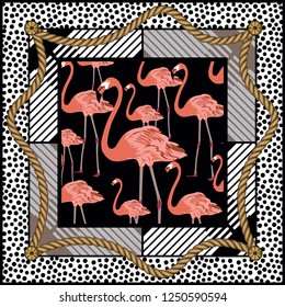 Hand drawn flamingo in frame. Rope with geometric figures. Shawl, bandanna, kerchief, silk, scarf print. Fashion background for fabric. - vector