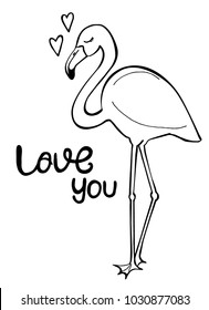 Hand drawn flamingo and heart on white background. Love you. Vector illustation. Perfect for coloring book, print, card.