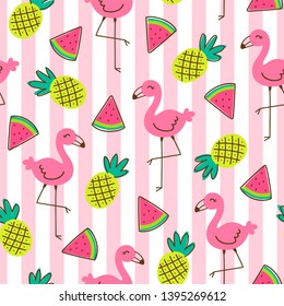 Hand drawn flamingo, pineapple and watermelon seamless pattern on stripes background