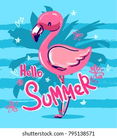 Hand Drawn Flamingo Vector Illustration, Summer Print Design, children print on t-shirt