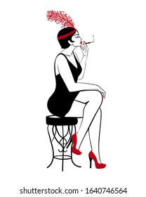 Hand Drawn Flapper, 1920s Smoking Sexy Lady, Vector Profile Portrait