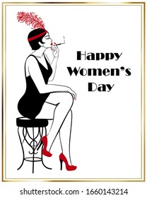 Flapper dibujado a mano, sexy dama de los años 20 fumando, tarjeta de saludo vectorial feliz del día de la mujer