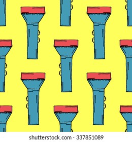 Hand Drawn Flash Light Illustration Pattern on Yellow Background - Camping and Outdoor or Mountain Adventure Doodle Color Seamless Pattern - Hand Drawn Vector Illustration