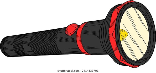 Hand drawn flashlight. Vector illustration of a flashlight. Black and red color.