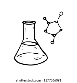 Hand drawn flask chemical reaction doodle icon. Hand drawn black sketch. Sign symbol. Decoration element. White background. Isolated. Flat design. Vector illustration.
