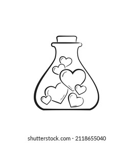 hand drawn flask with hearts. philtre and love potion symbol. valentine's day design. sketchy vector element