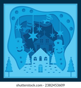 Hand drawn flat 3D Christmas Shadow BOX paper cut design