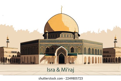 hand drawn flat al Aqsa illustration, Isra Miraj background.