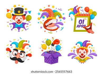 Hand drawn flat april fools day illustration set collection with clowns