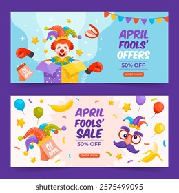 Hand drawn flat April fools day horizontal banner template set collection