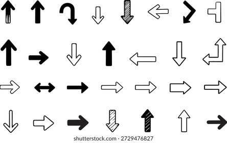 Ícones desenhados à mão e de seta plana definidos com várias direções para navegação e design de ponteiro.