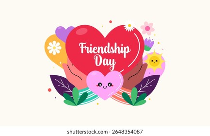 Hand Drawn Flat Background Happy Friendship Day Celebration with Hearts and Flowers. Perfect for Greeting Cards, Social Media Posts, Banner, and More.