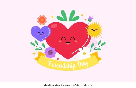 Hand Drawn Flat Background Happy Friendship Day Celebration with Hearts and Flowers. Perfect for Greeting Cards, Social Media Posts, Banner, and More.