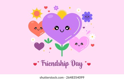 Hand Drawn Flat Background Happy Friendship Day Celebration with Hearts and Flowers. Perfect for Greeting Cards, Social Media Posts, Banner, and More.