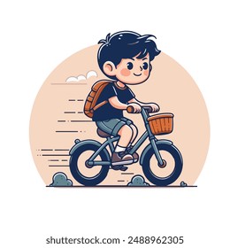 "Hand drawn flat boy riding a bike illustration
